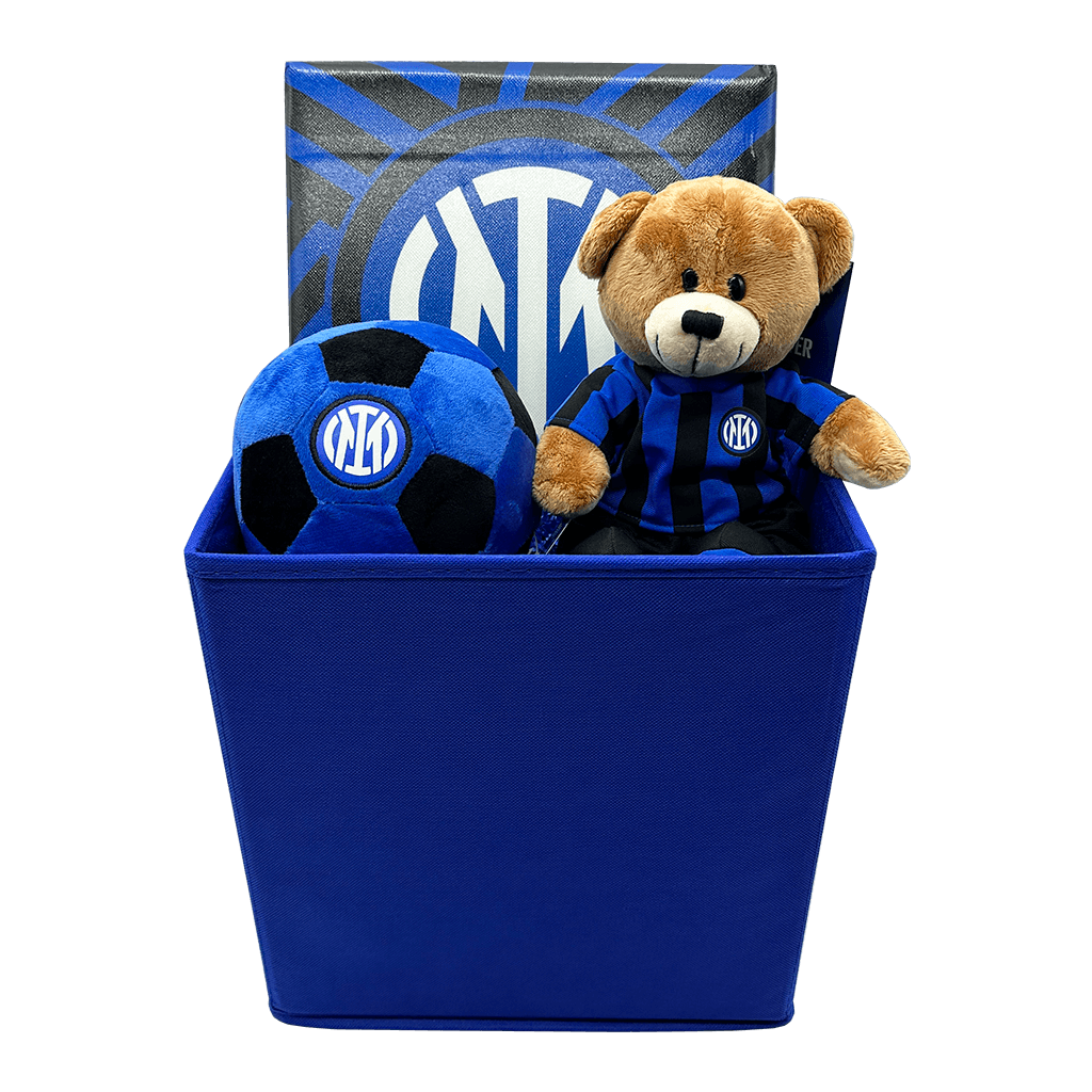 Inter Gift Basket for Kids with a inter blush bear, inter plush ball, and Inter Storage Bin