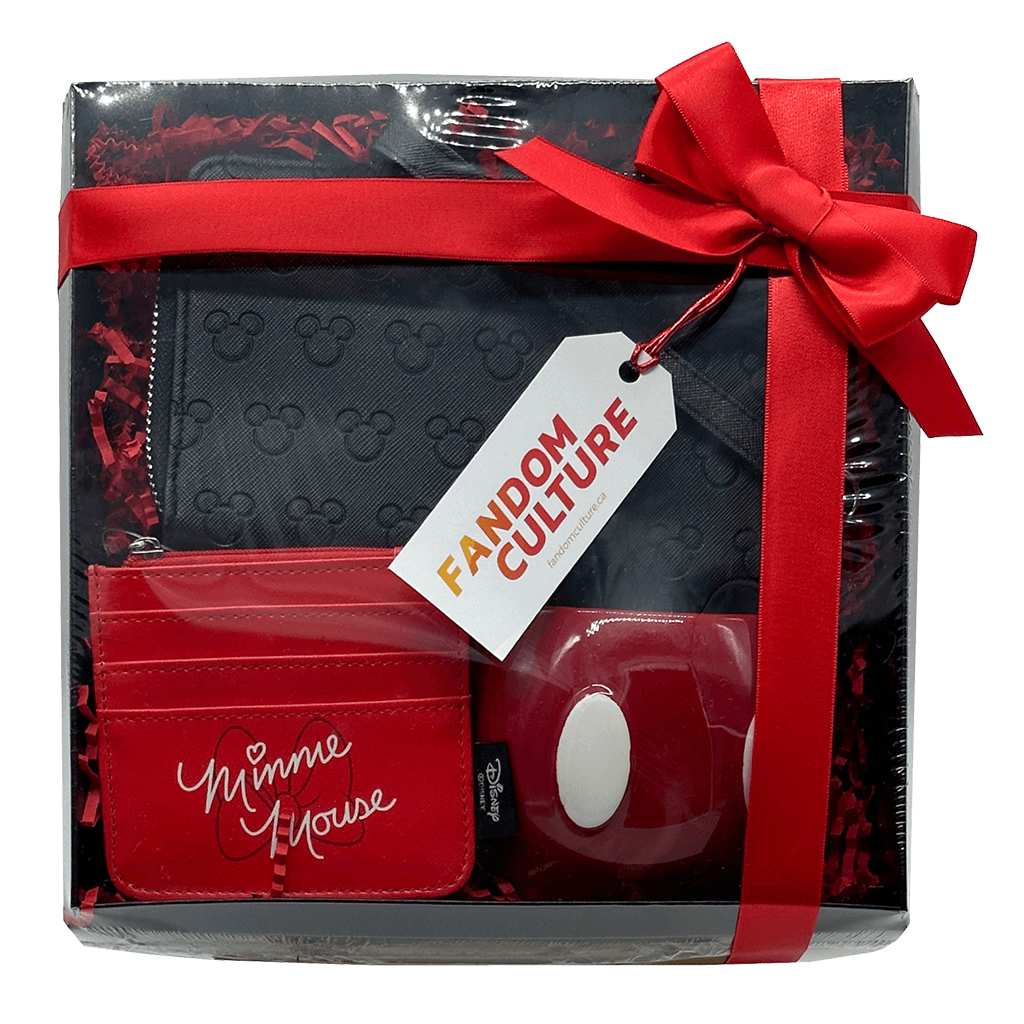 Minnie and Mickey 3 Piece Woman's Gift Set with Disney zip around wallet, Minnie Mouse zip ID wallet, and Mickey Mouse 20 oz Sculpted Ceramic Mug