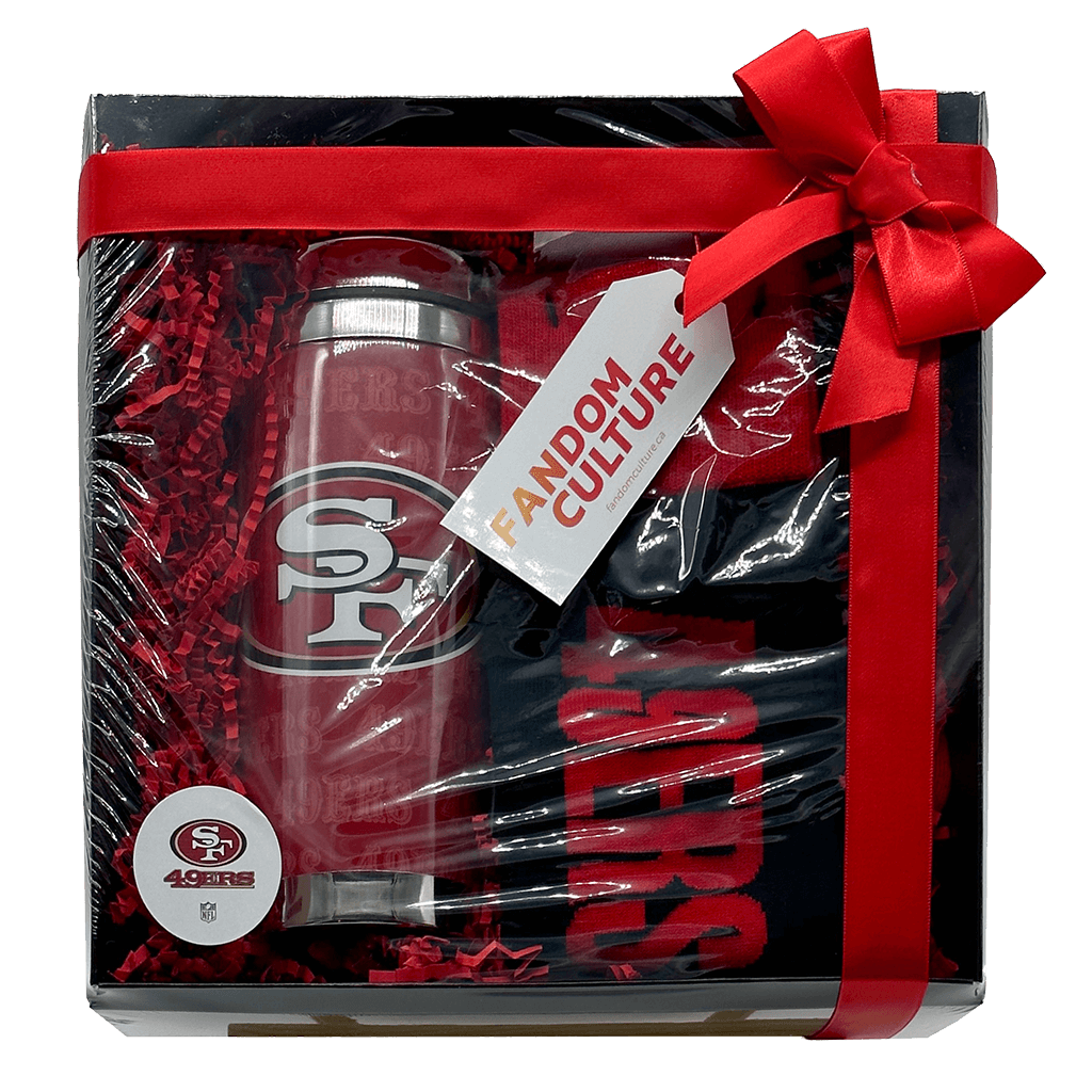 San Fransico 49ers 2 Piece Large Gift Set with 49ers Go Team Sock - OSFM: One Size Fits Most, and 49ers 16oz Full Wrap Wallpaper Travel Mug