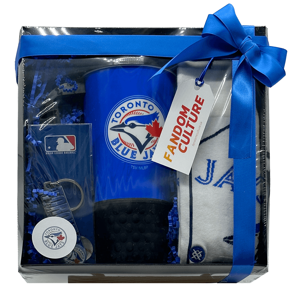 Toronto Blue Jays Gift Set with Jays 20oz Thermal Gripper Travel Mug, Jays Alt Jersey Socks (Mens 9-13), Jays Cityscape Keychain