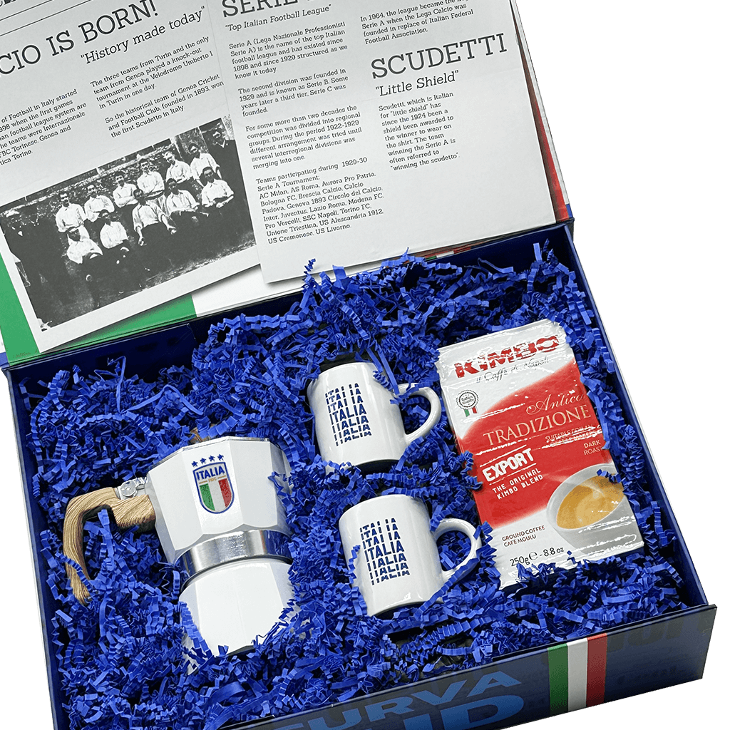Introducing the Italy Espresso Gift Set – a celebration of football passion and exquisite coffee moments. The focal point of this exclusive collection is the Grosche White Espresso Machine, adorned with the iconic Italia logo, a 150ml (5fl oz) masterpiece engineered for precision brewing. Paired with it are two Ceramic Italy Espresso Cups, each bearing the distinctive Italia emblem, a testament to the synergy between sportsmanship and sophistication. Elevate your coffee ritual with a 250g bag of Kimbo Espresso Italiano, a meticulously crafted blend that mirrors the intensity and richness of the beautiful game. This gift set is not just a tribute to football enthusiasts; it's an embodiment of style, precision, and the joy found in the perfect espresso, making it an ideal gift for those who live and breathe the Italian spirit.